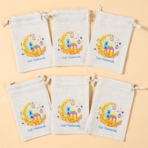 6-Pack Linen Eid Mubarak Drawstring Gift Bags - Moon Castle Lantern Design