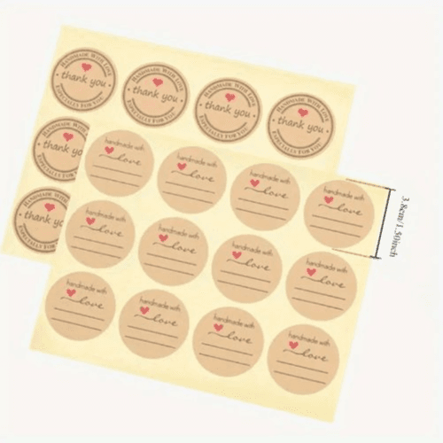 Pack of 10 Round Kraft Paper Thank You Labels – Handmade with Love Seal, Heart Design