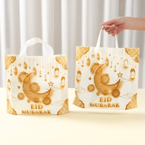 25 Eid Mubarak Gift Bags – 25x30cm, White & Gold Ramadan Favor Bags