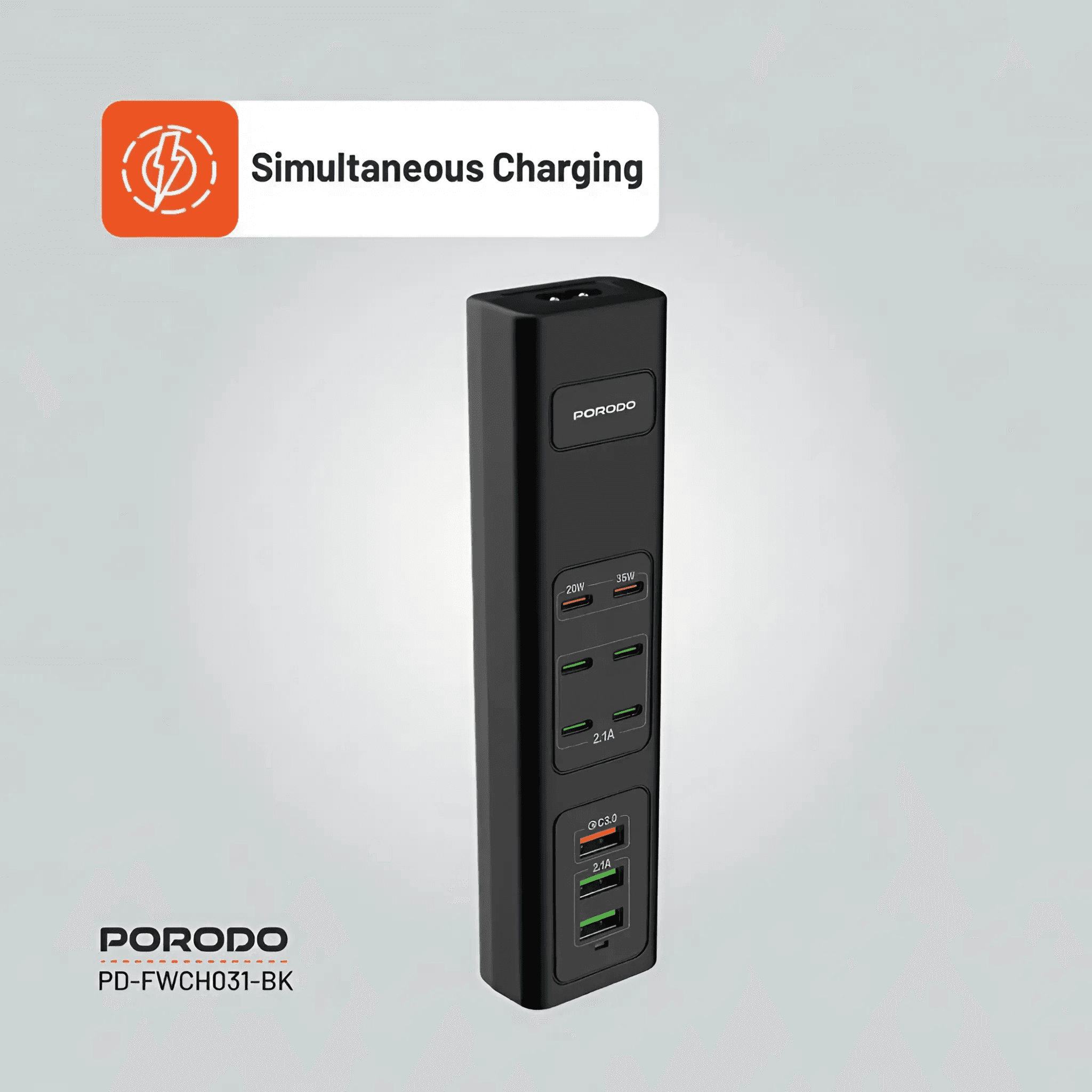 Porodo 85W Multi-Port USB Charging HUB - Black