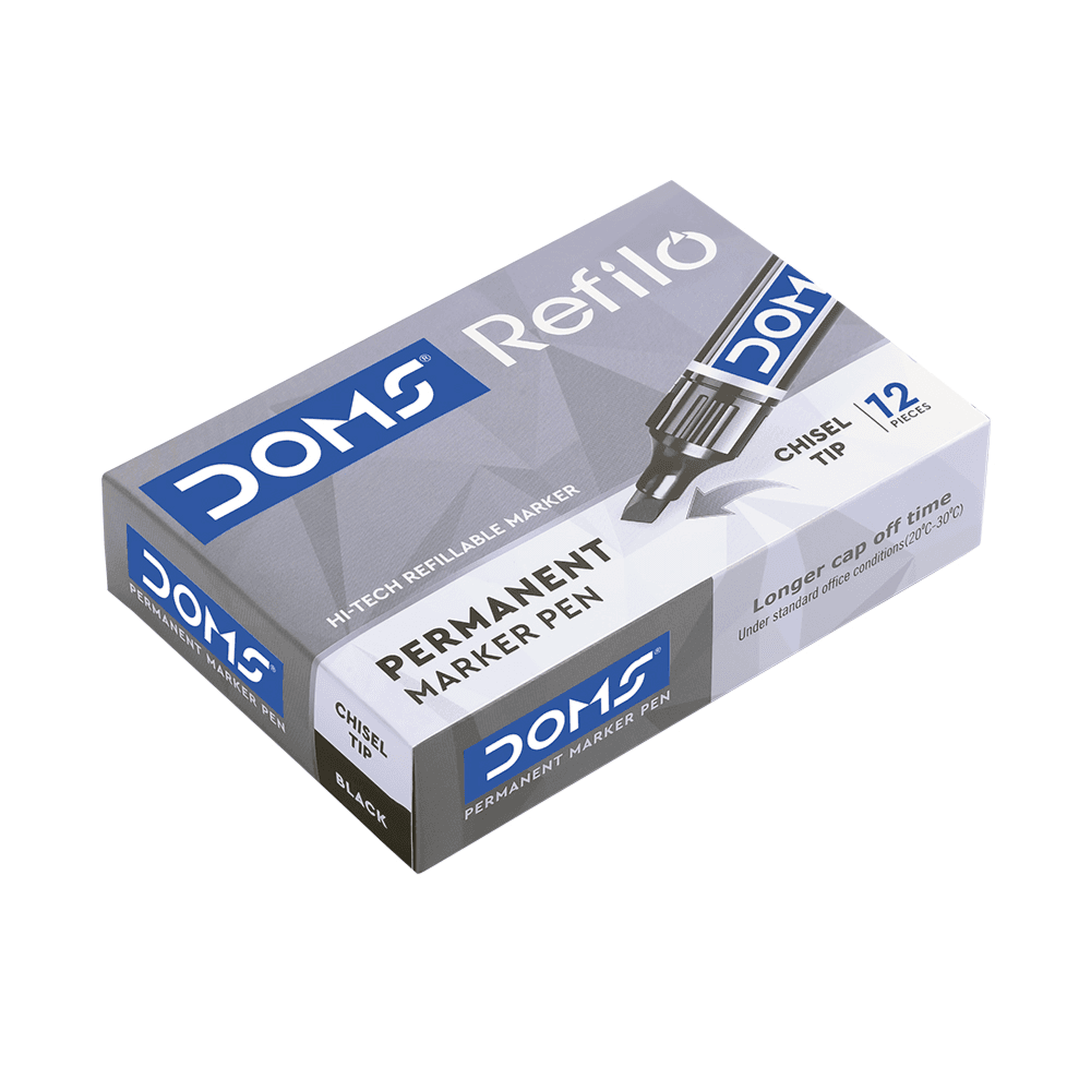 DOMS Refilo Permanent Marker – Black Chisel Tip 12 Pieces
