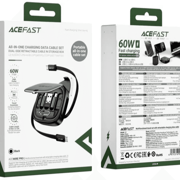 Acefast J3 Multifunctional Travel Set With Retractable Charging Data Cable, Black