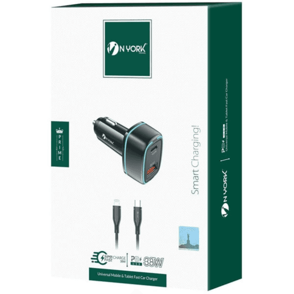Nyork 2 Port 38W Super Fast Car Charger With Pd To Type-C Cable Black
