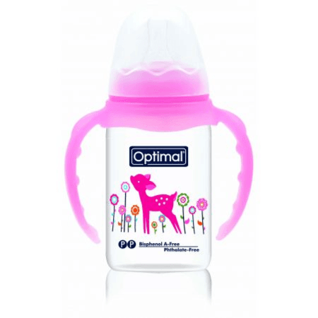 Optimal Orthodontic Slim Plastic Feeding Bottle With Silicone Nipple For 0+ Months Anti-Colic System Code:Opb-1021 Pink Handle 140Ml