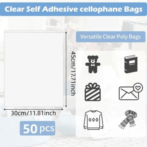 50pcs Resealable Clear Cellophane Bags - Waterproof, Reusable (30x45cm)