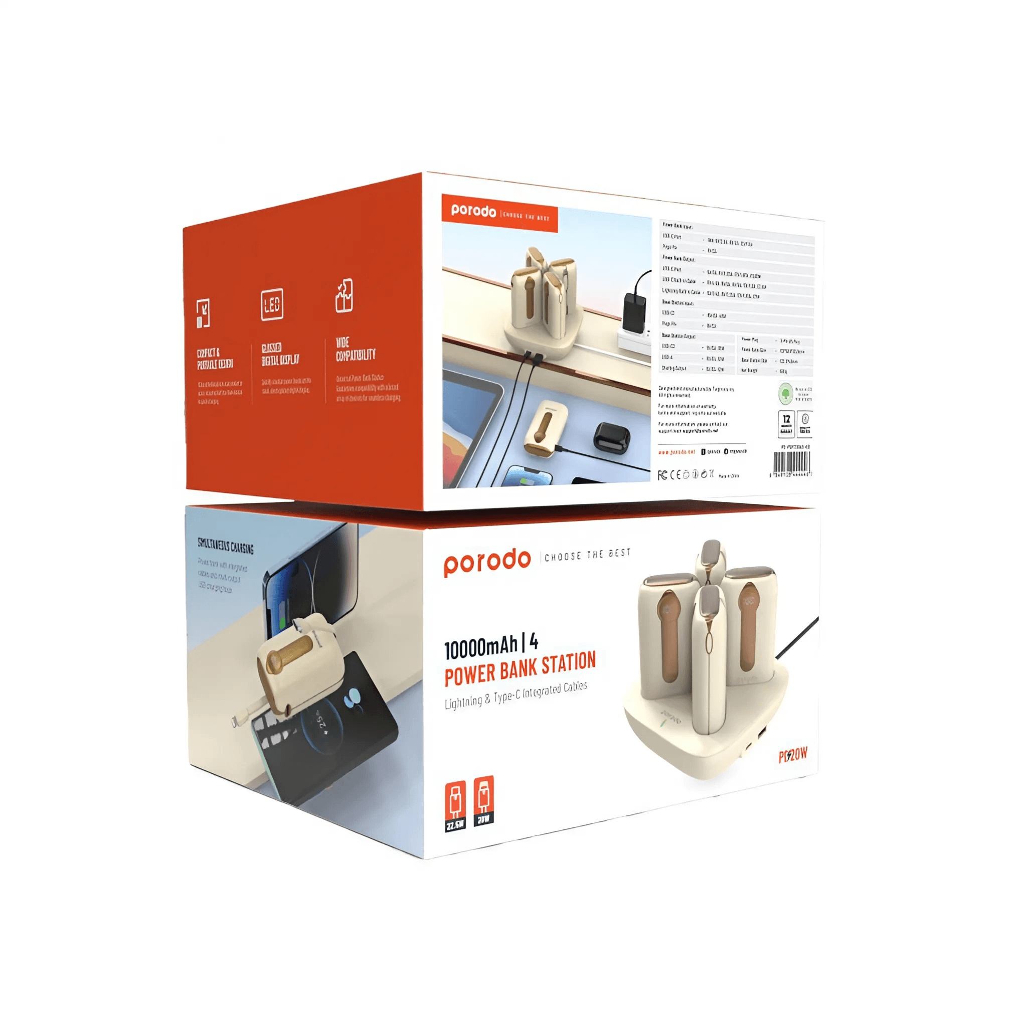 Porodo 10000Mah | 4 Power Bank Station Lightning & Type-C Integrated Cable