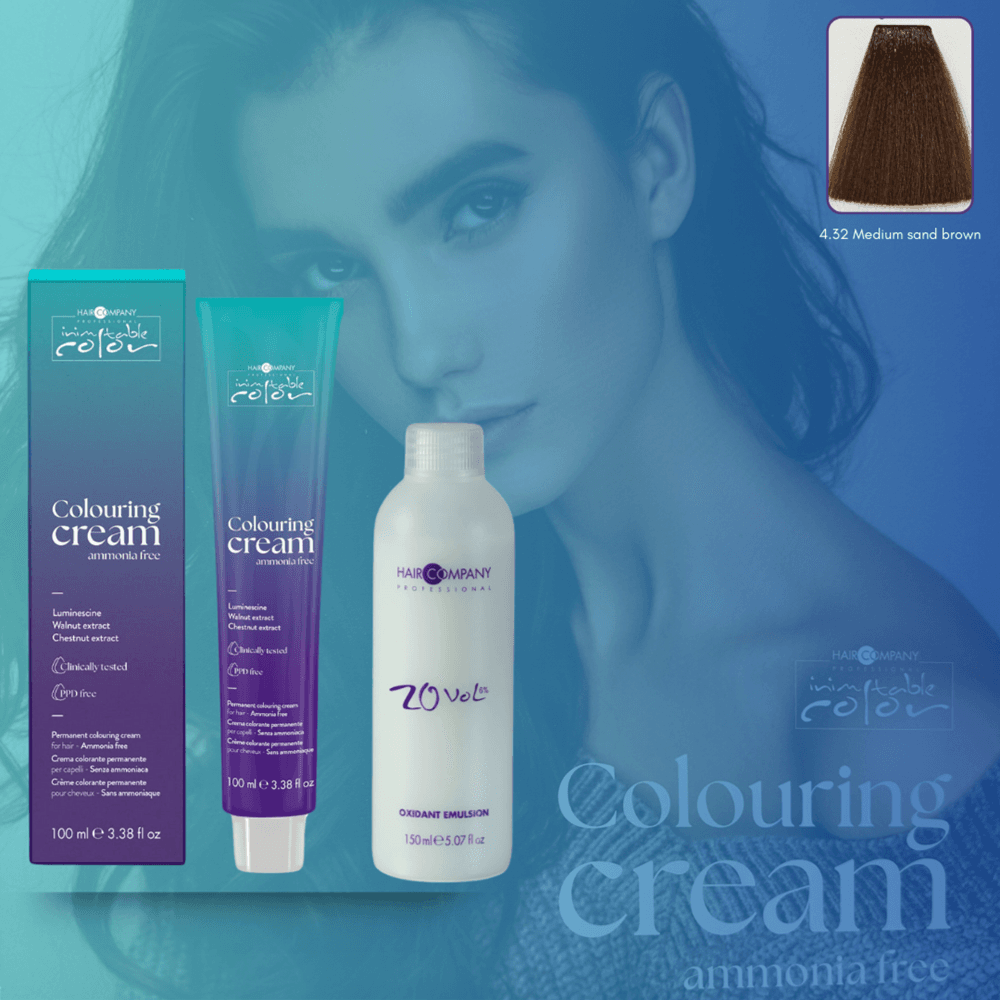 كريم تلوين الشعر Inimitable Color من Hair Company خالي من الأمونيا 4.32 بني رملي متوسط ​​100 مل LB13551 + مستحلب مؤكسد 20% (6%)