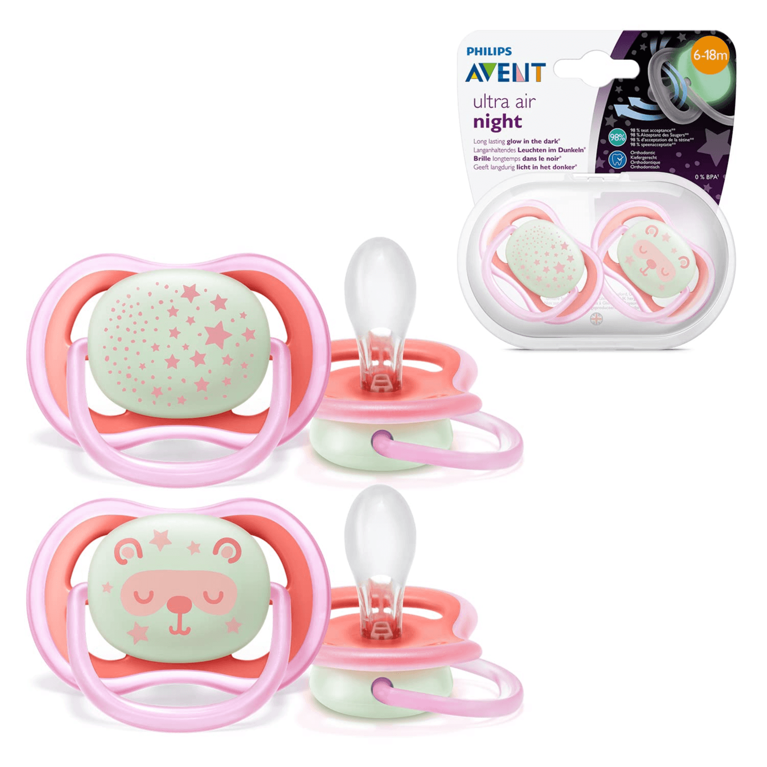 Avent Ultra Air night Girl Pacifier 6-18months  glow in dark 2pcs  Code:SCF376/22
