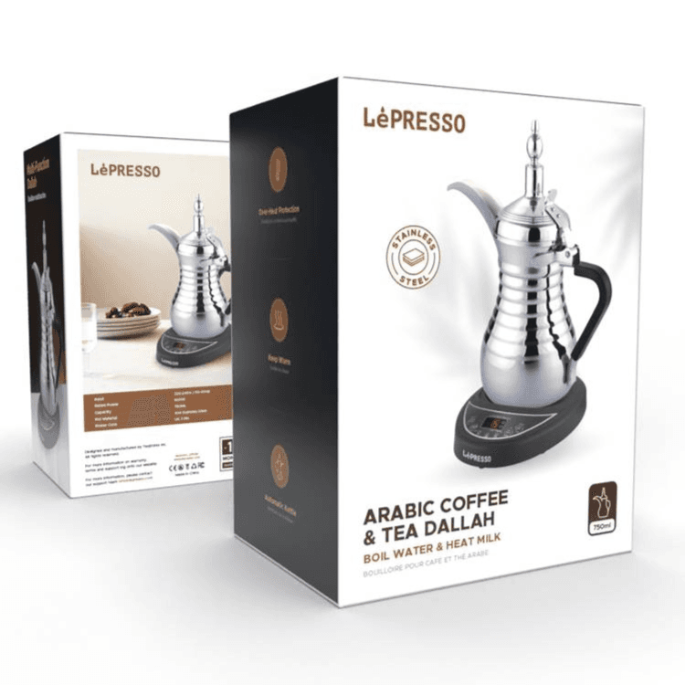 دلة قهوة وشاي عربي من LePresso بسعة 750 مل ، قوة مقدرة 800 واط ، ستانلس ستيل ، حماية من الحرارة الزائدة ، ميزة الحفاظ على الدفء - فضي