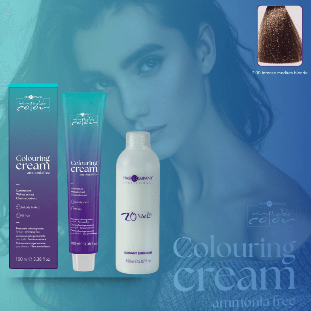 كريم تلوين الشعر Inimitable Color من Hair Company خالي من الأمونيا 7.00 أشقر متوسط ​​مكثف 100 مل LB13543 + مستحلب مؤكسد 20% (6%)