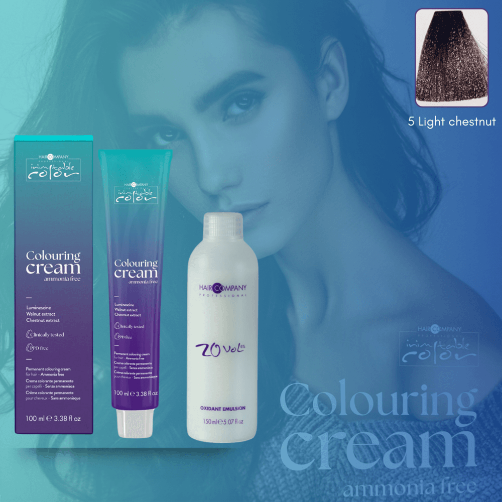كريم تلوين الشعر Inimitable Color من Hair Company خالي من الأمونيا 5 كستنائي فاتح 100 مل LB13535 + مستحلب مؤكسد 20% (6%)