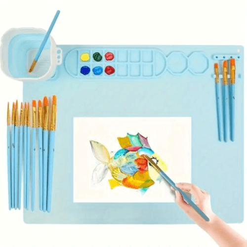 Large Silicone Craft Mat with Collapsible Cup – Non-Stick Art Mat for Painting, Resin, Sculpting – 49.78x39.88cm (Blue)