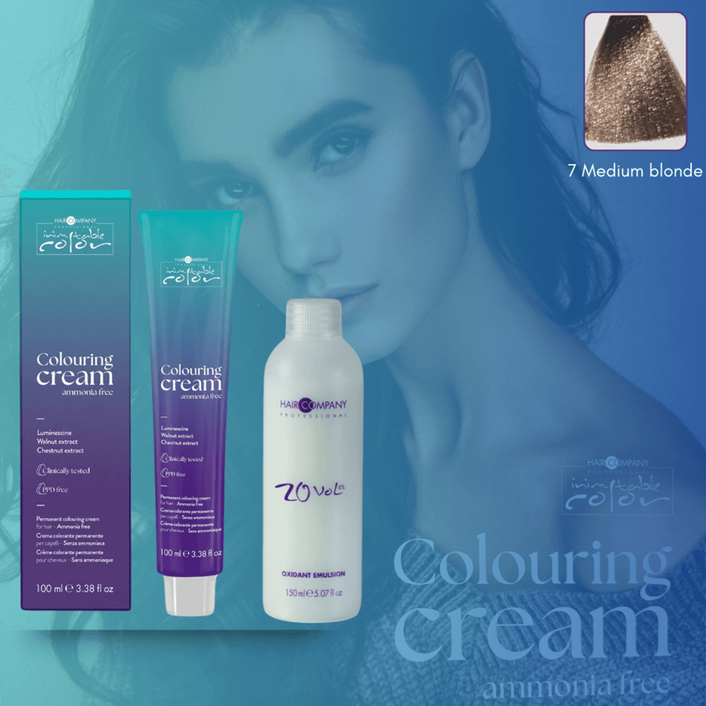 كريم تلوين الشعر Inimitable Color من Hair Company خالي من الأمونيا 7 بني متوسط ​​100 مل LB13537 + مستحلب مؤكسد 20% (6%)
