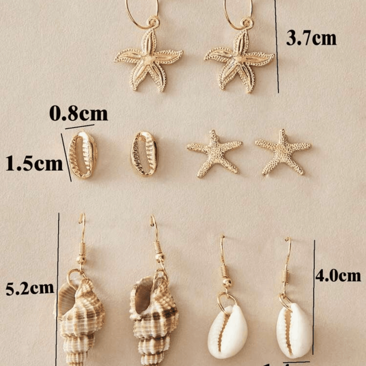 5pairs - Seastar & Seashell Earrings Set - Gold