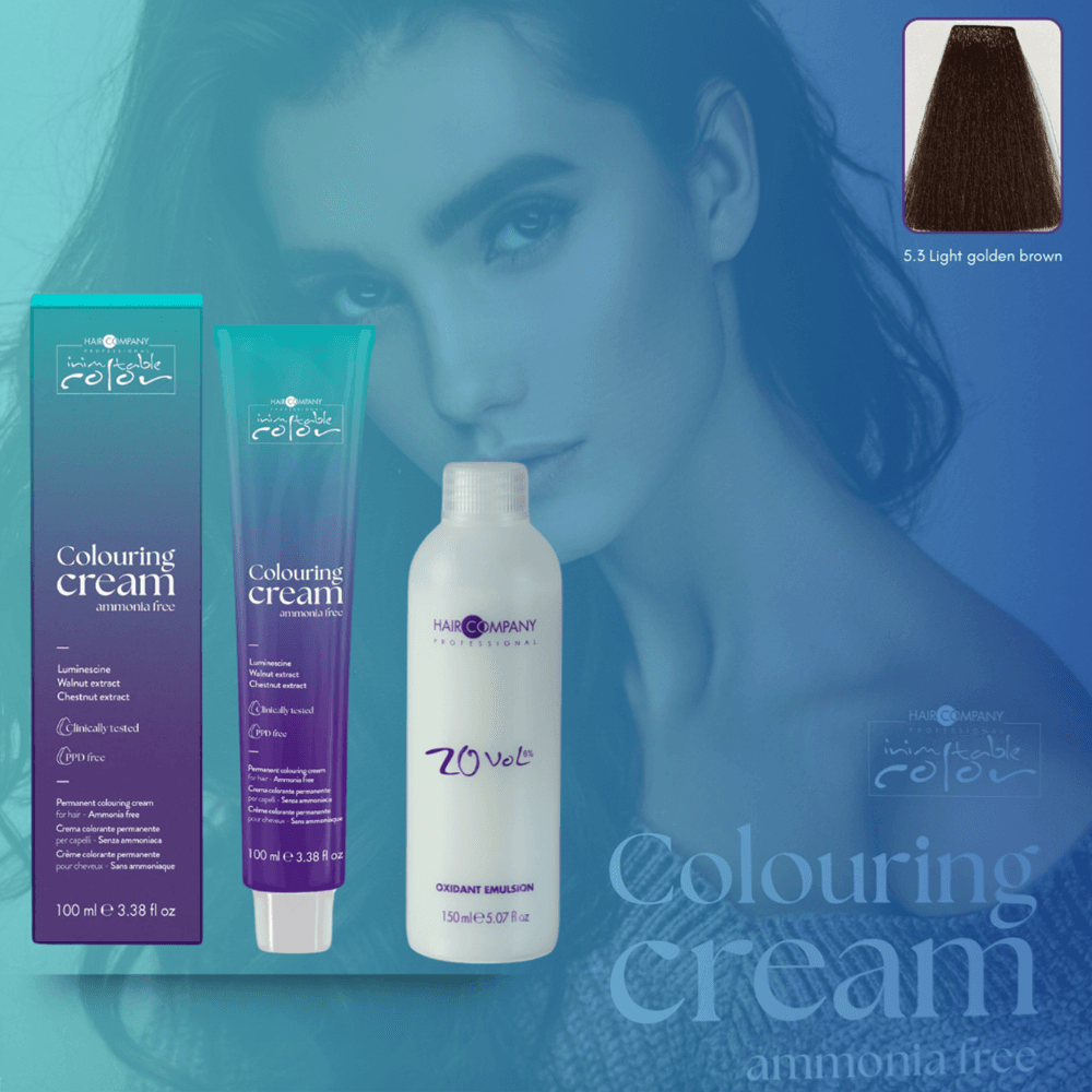 كريم تلوين الشعر Inimitable Color من Hair Company خالي من الأمونيا 5.3 بني ذهبي فاتح 100 مل LB13569 + مستحلب مؤكسد 20% (6%)