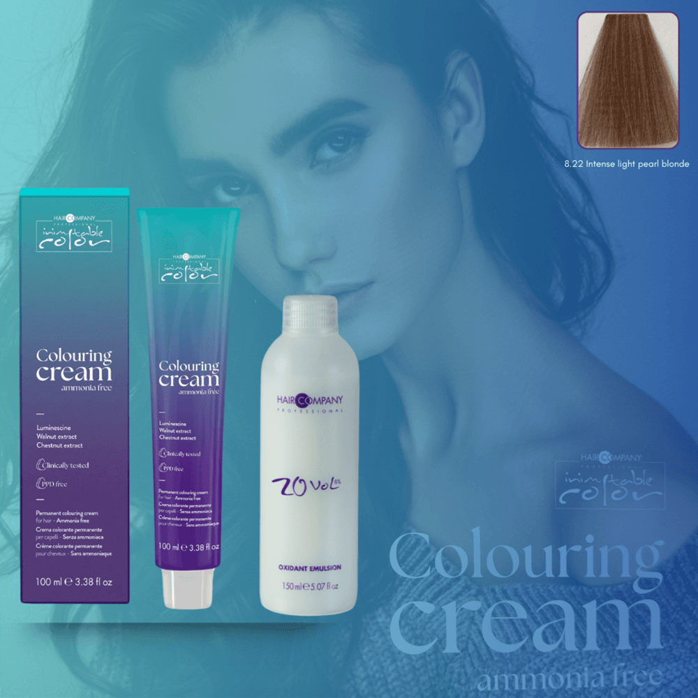 كريم تلوين الشعر Inimitable Color من Hair Company خالي من الأمونيا 8.22 أشقر لؤلؤي فاتح مكثف 100 مل LB13560 + مستحلب مؤكسد 20% (6%)