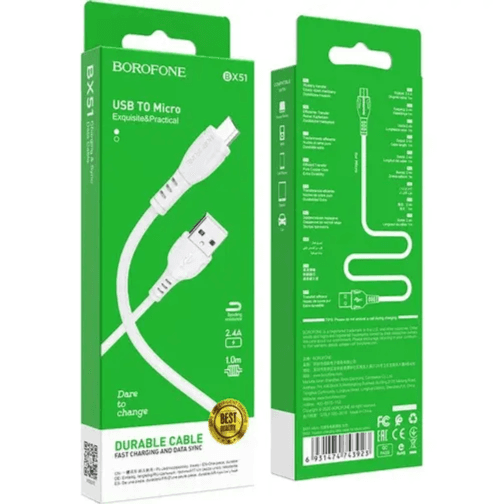 كابل USB من Borofone BX51 AM-microBM، 1 متر، 2.4 أمبير، أبيض