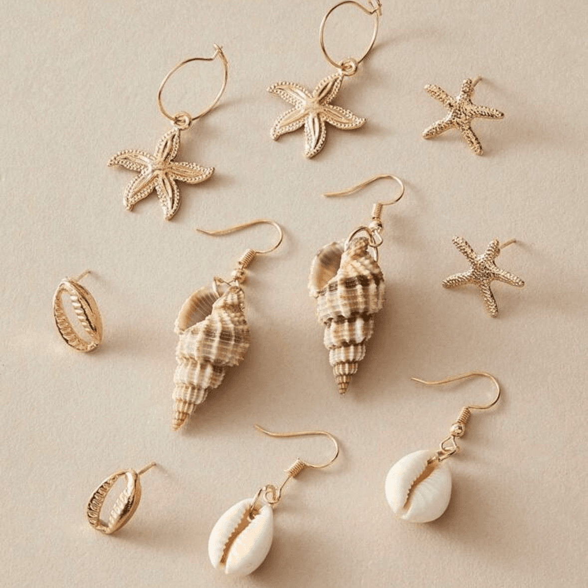 5pairs - Seastar & Seashell Earrings Set - Gold