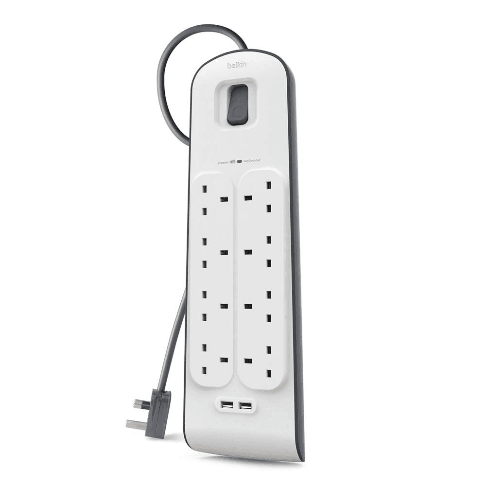 Belkin 8-Outlet Extension Surge Protection Strip + 2 X 2.4 Amp Usb Charger 2, 2M, White