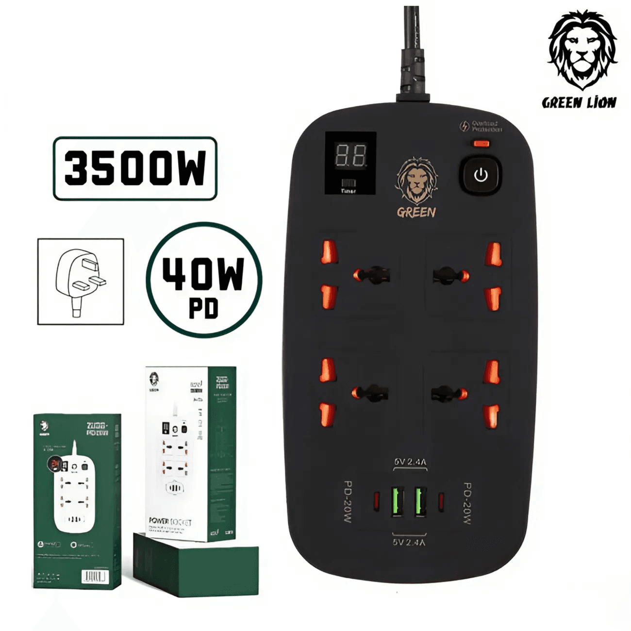 Green Lion Multiport Smart Power Socket  4 AC 2 USB & 2 USB-C PD 40W 3500W (3M)