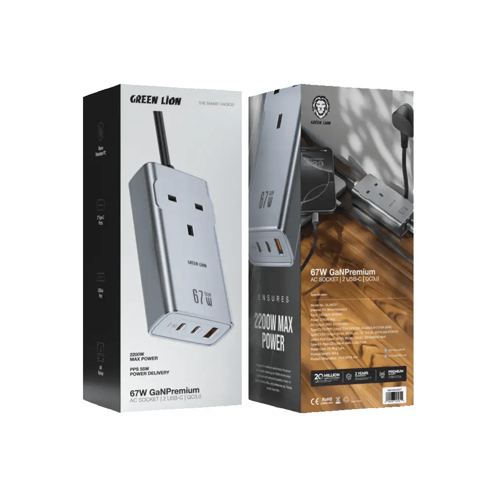 Green Lion 67W GaN Premium AC Socket  with 2 x Type-C Port And 1 x USB - A Port