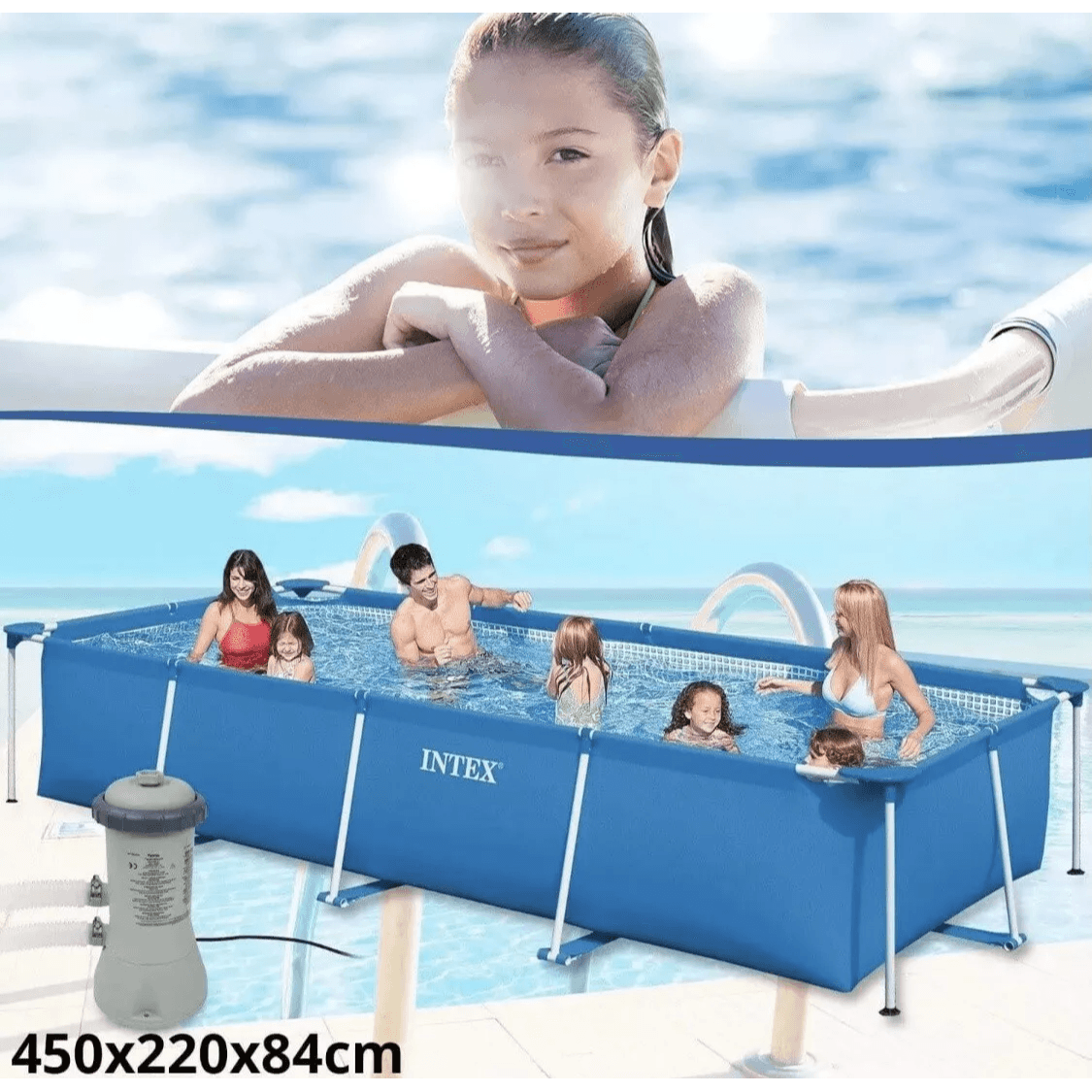 INTEX 28274 28273 4.5M X 2.2M X 0.84M Rectangular Frame Above Ground Family Use Swimming Pool Set