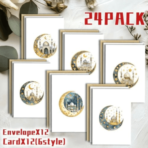 24 Pcs Watercolor Islamic Moon Greeting Cards & Envelopes (12.7*8.8)
