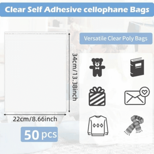 50pcs Resealable Clear Cellophane Bags - Waterproof, Reusable (22x34cm)