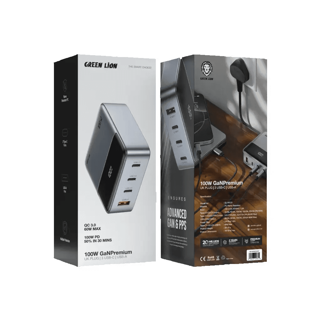 Green Lion 100w Adapter 3 x USB -C 1 x USB-A - UK Plug