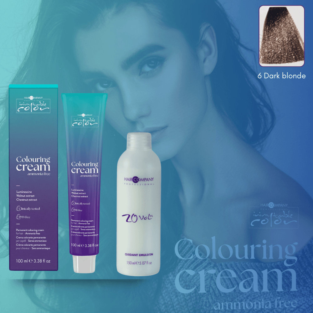 كريم تلوين الشعر Inimitable Color من Hair Company خالي من الأمونيا 6 بني داكن 100 مل LB13536 + مستحلب مؤكسد 20% (6%)