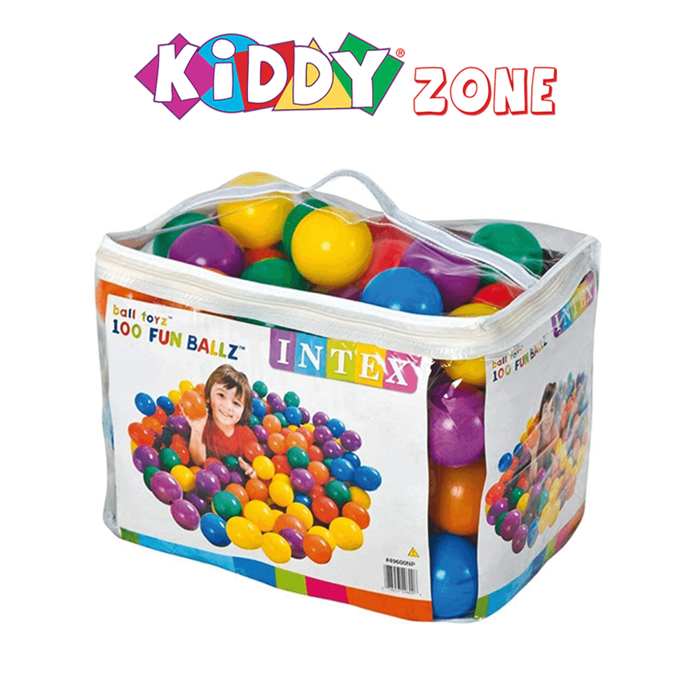 كرات اللعب FUN BALLZ من INTEX (عدد 100 كرة) للأطفال من عمر سنتين فما فوق – مع حقيبة حمل