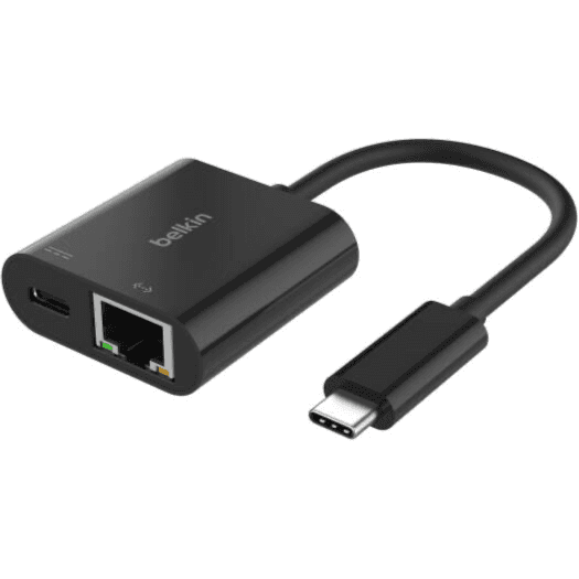 Belkin Connect USB-C إلى Ethernet + محول شحن، عبور 100 وات، سرعة إيثرنت 1000 ميجابت في الثانية، تصميم مدمج ومحمول، أسود | INC019btBK