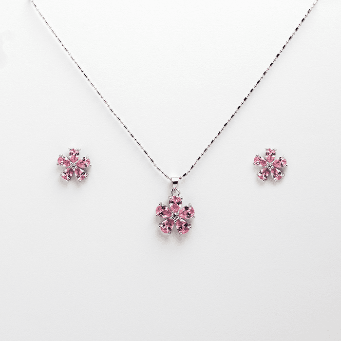 Classic Flower Zircon Earrings And Necklace Set - Pink
