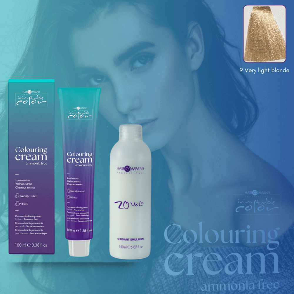 كريم تلوين الشعر Inimitable Color من Hair Company خالي من الأمونيا 9 أشقر فاتح للغاية 100 مل LB13539 + مستحلب مؤكسد 20% (6%)