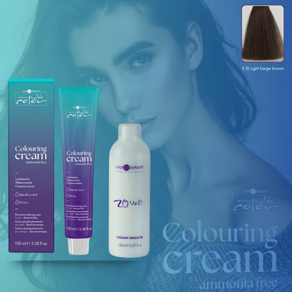 كريم تلوين الشعر Inimitable Color من Hair Company خالي من الأمونيا 5.13 بني بيج فاتح 100 مل LB13549 + مستحلب مؤكسد 20% (6%)