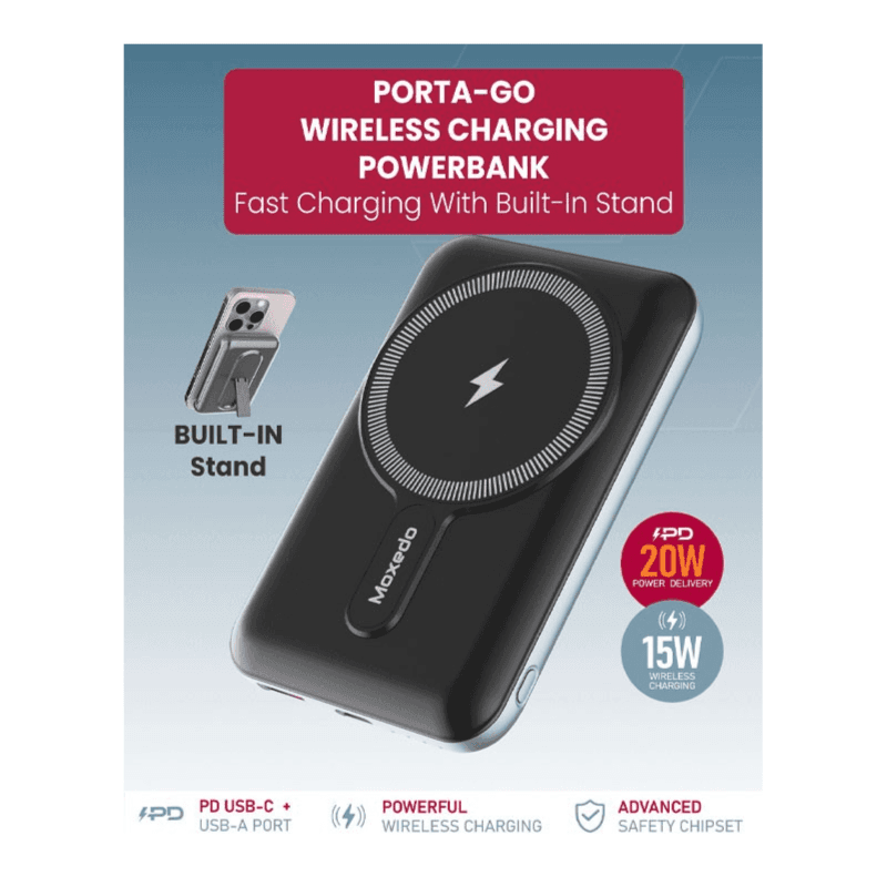 Moxedo Porta Go 15W Wireless Charging Power Bank 10,000 mAh 20W PD USB C And USB A Port, Portable Charger With Built In Stand, MX-WPB019
