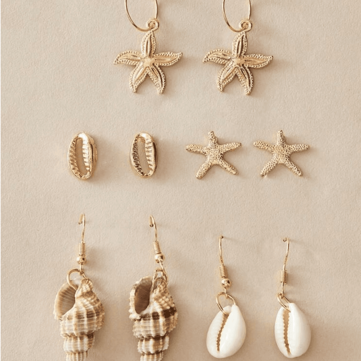 5pairs - Seastar & Seashell Earrings Set - Gold