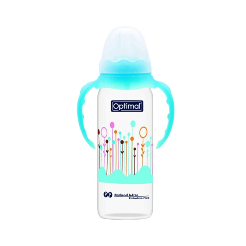 Optimal Anti-Colic Slim Plastic Feeding Bottle With Round Silicone Nipple For 6+ Months Code:Opb-1027 Blue Handle 240Ml