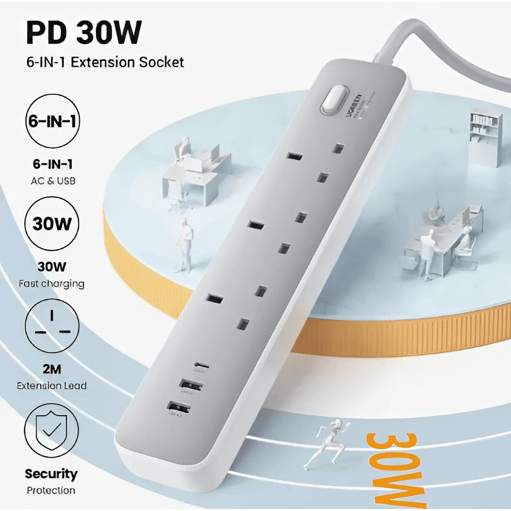 Ugreen 6 In 1 Extension Cord 30W, Ac Power Strip, Usb-A And Usb-C With Master Switch