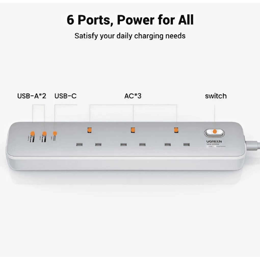 Ugreen 6 In 1 Extension Cord 30W, Ac Power Strip, Usb-A And Usb-C With Master Switch