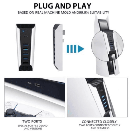 PS5 USB Hub & Charger Dock – 4 USB Ports + Type-C, High-Speed Extender