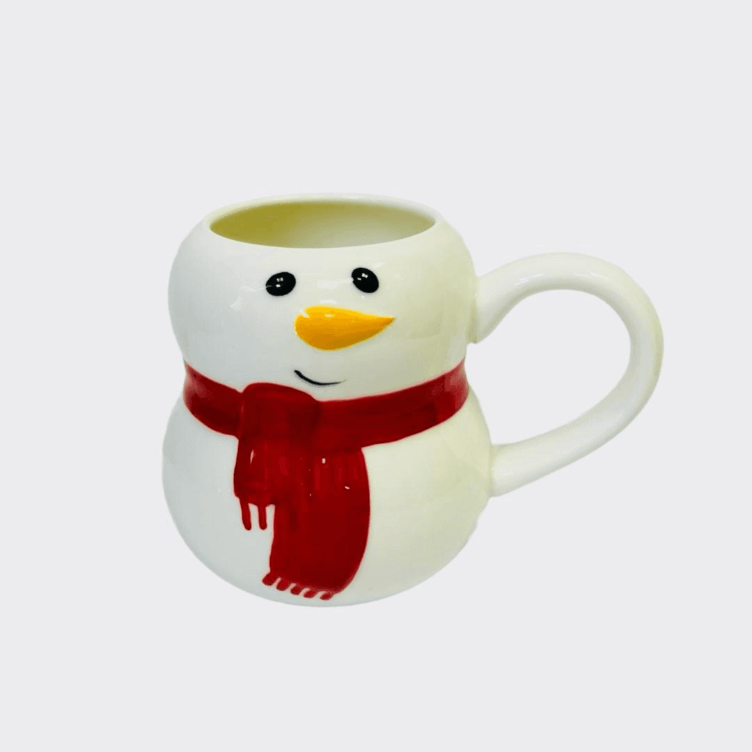Snowman wearing a red scarf in a white cup