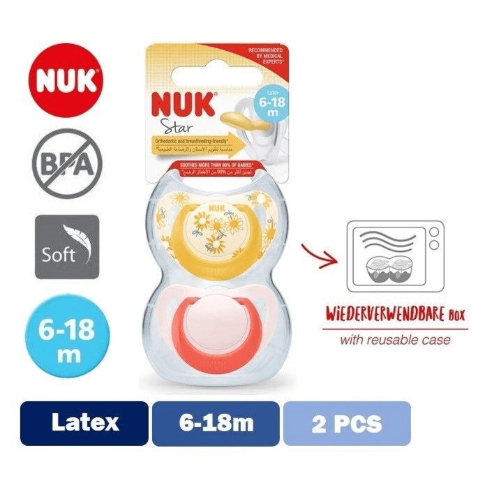 Nuk Star Latex Pacifier Girl 6-18 Months Orthodontic And Breastfeeding-friendly 2pcs