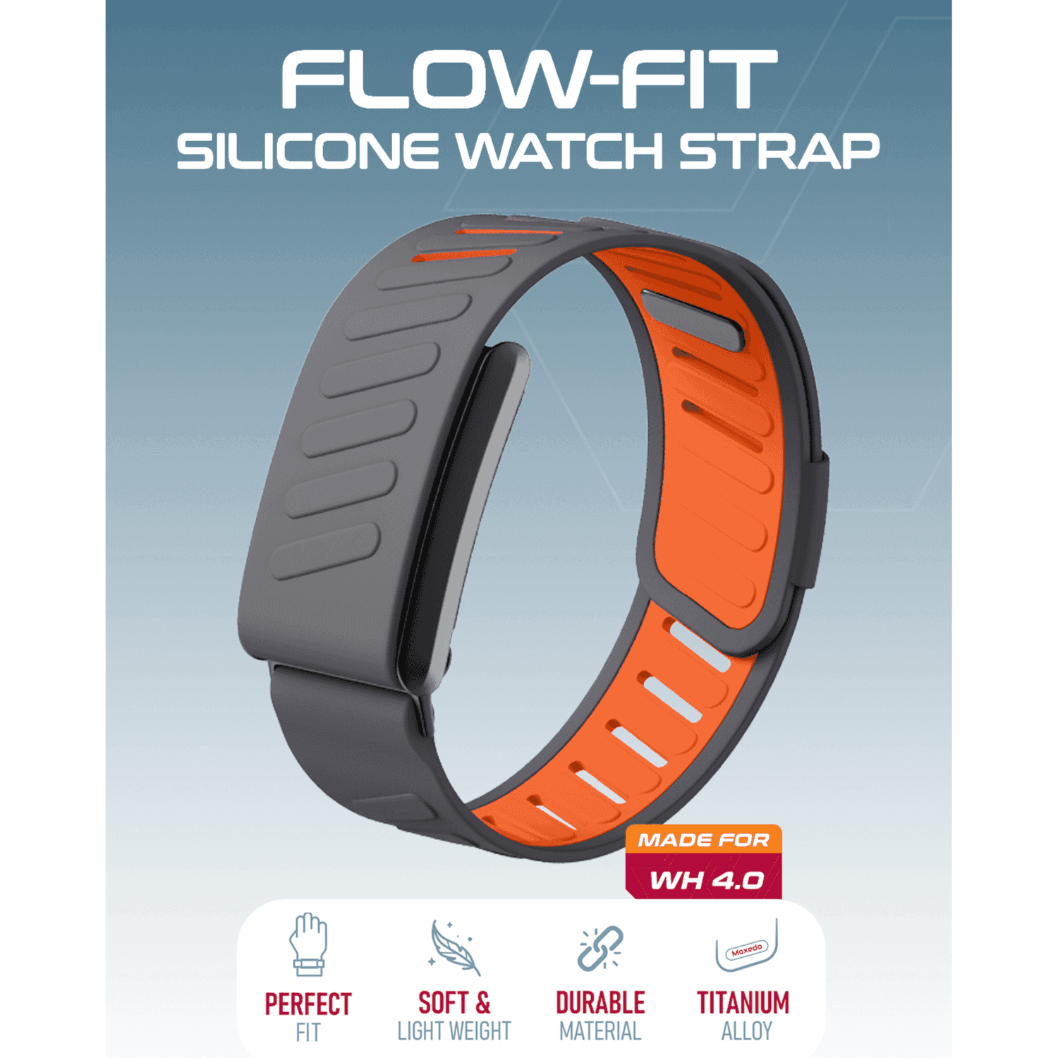 Moxedo Flow-Fit Silicone Strap Compatible with WHOOP 4.0 | Adjustable Replacement Band for Men & Women | Lightweight, Sweatproof, Skin-Friendly, Secure Fit, Waterproof Sports Loop (Gray/Orange)