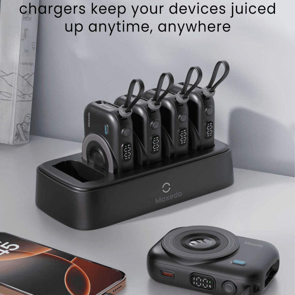 Moxedo Combo 5x 10,000 mAh Power Bank with Charging Dock 22.5W Power Delivery USB-C Fast Charging Digital Battery Display with Built-in Type-C Cable / Lightning Cable (Black)