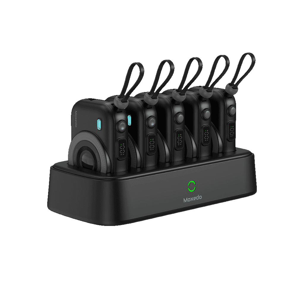 Moxedo Combo 5x 10,000 mAh Power Bank with Charging Dock 22.5W Power Delivery USB-C Fast Charging Digital Battery Display with Built-in Type-C Cable / Lightning Cable (Black)