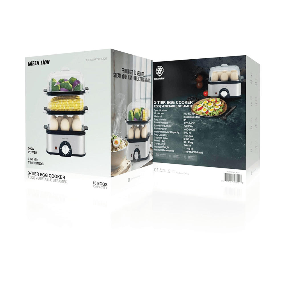 Green Lion 3-Tier Egg Cooker, Egg & Vegetable Steamer, 16eggs Capacity, 500mL Water Reservoir