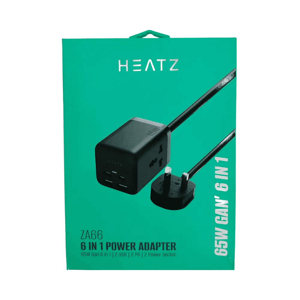 Heatz ZA66 6in1 Power Adapter Extension 65W GAN 2USB,2USB-C &2Power Socket 1.5M Cable