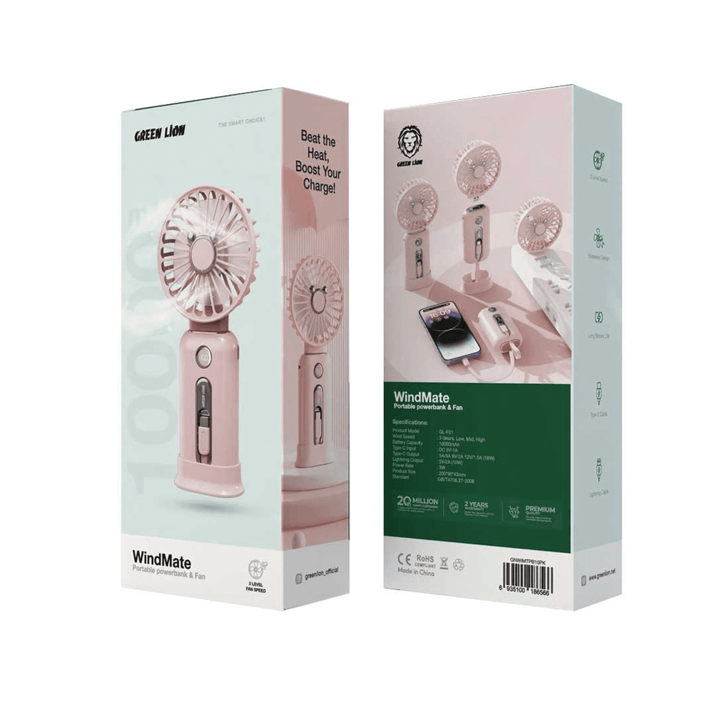Green Lion Wind Mate Portable Power Bank & Fan - Pink
