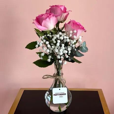 3 Pink Roses In A Vase